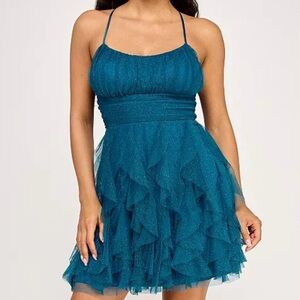 Macy's Teal Glitter Ruffle Spaghetti-Strap Mini Dress